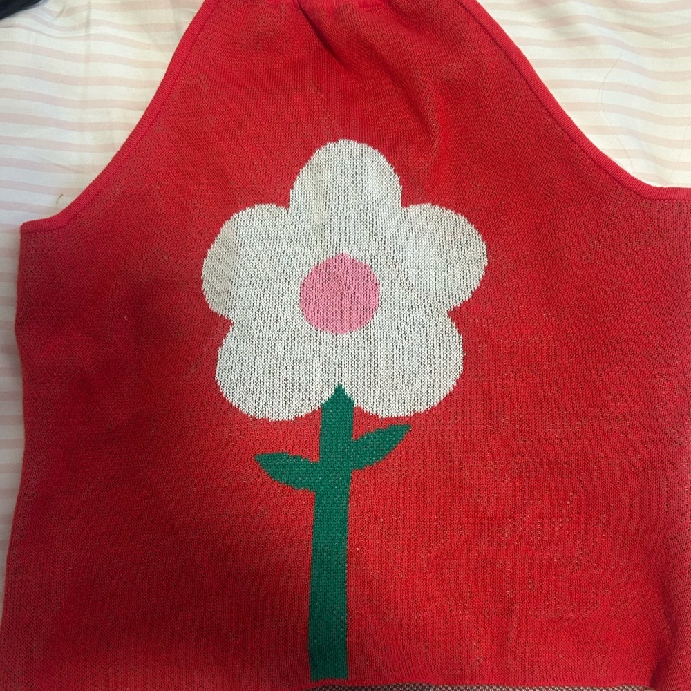 REVOLVE Red Knit Tank with White Flower Motif